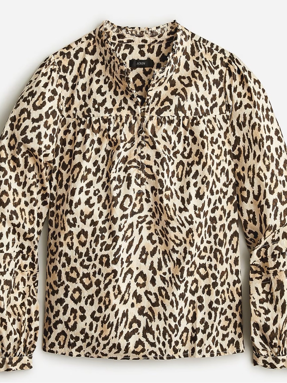 JCrew Button-front ruffleneck popover in leopard print